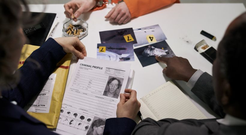 Close-up of investigators reviewing a criminal profile and evidence photos during a case analysis